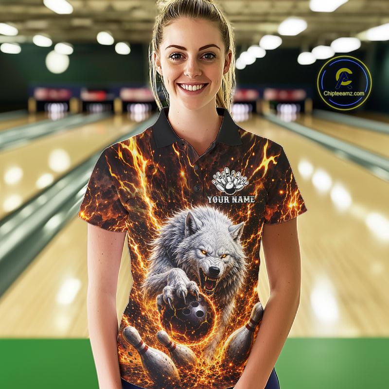 Gold Lightning Thunder Angry Wolf Bowling Polo 1/4 Zip Shirt For Women Custom Wolf Bowling Team Jersey NYN4133