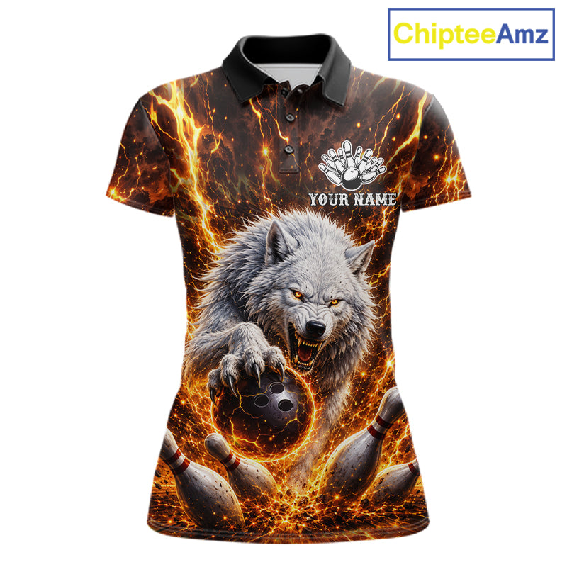 Gold Lightning Thunder Angry Wolf Bowling Polo 1/4 Zip Shirt For Women Custom Wolf Bowling Team Jersey NYN4133