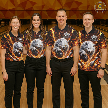 Gold Lightning Thunder Angry Wolf Bowling Polo 1/4 Zip Shirt For Men Custom Wolf Bowling Team Jersey NYN4133