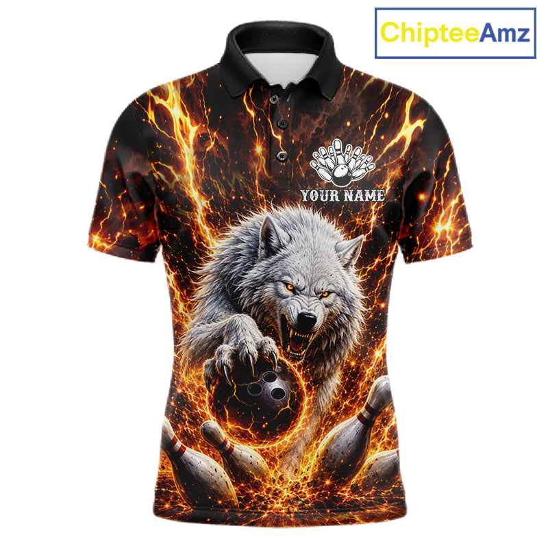 Gold Lightning Thunder Angry Wolf Bowling Polo 1/4 Zip Shirt For Men Custom Wolf Bowling Team Jersey NYN4133