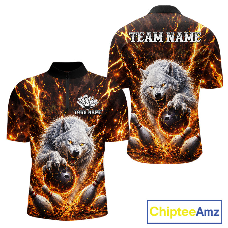 Gold Lightning Thunder Angry Wolf Bowling Polo 1/4 Zip Shirt For Men Custom Wolf Bowling Team Jersey NYN4133