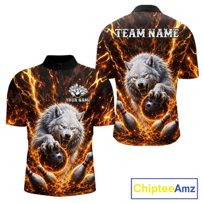 Gold Lightning Thunder Angry Wolf Bowling Polo 1/4 Zip Shirt For Men Custom Wolf Bowling Team Jersey NYN4133