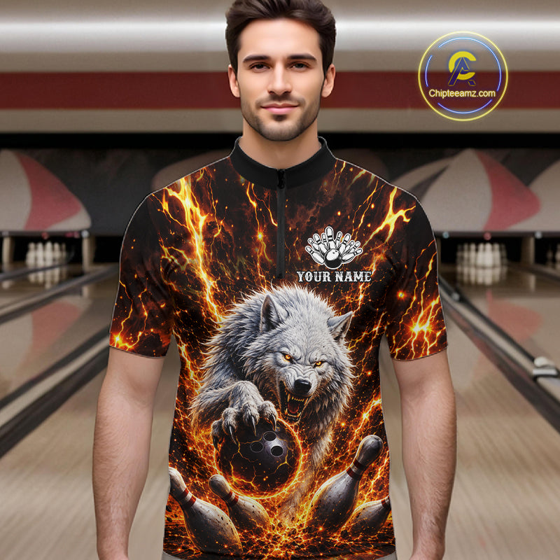 Gold Lightning Thunder Angry Wolf Bowling Polo 1/4 Zip Shirt For Men Custom Wolf Bowling Team Jersey NYN4133