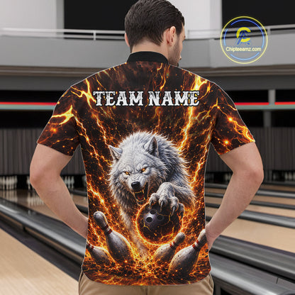 Gold Lightning Thunder Angry Wolf Bowling Polo 1/4 Zip Shirt For Men Custom Wolf Bowling Team Jersey NYN4133