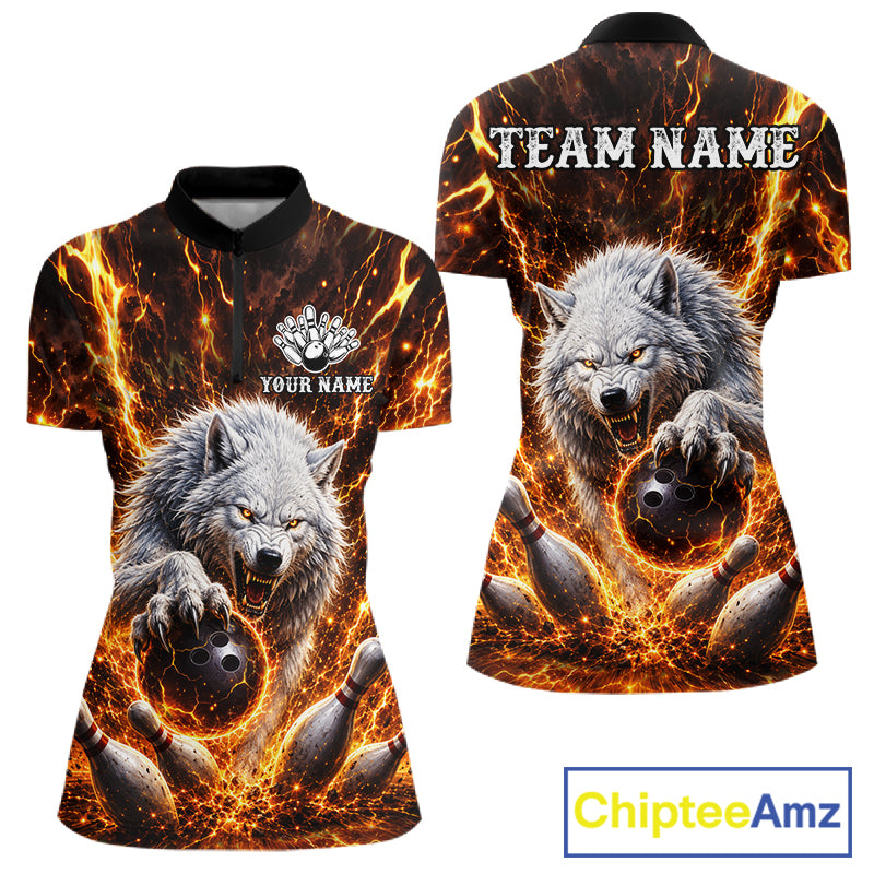 Gold Lightning Thunder Angry Wolf Bowling Polo 1/4 Zip Shirt For Women Custom Wolf Bowling Team Jersey NYN4133