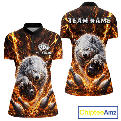 Gold Lightning Thunder Angry Wolf Bowling Polo 1/4 Zip Shirt For Women Custom Wolf Bowling Team Jersey NYN4133