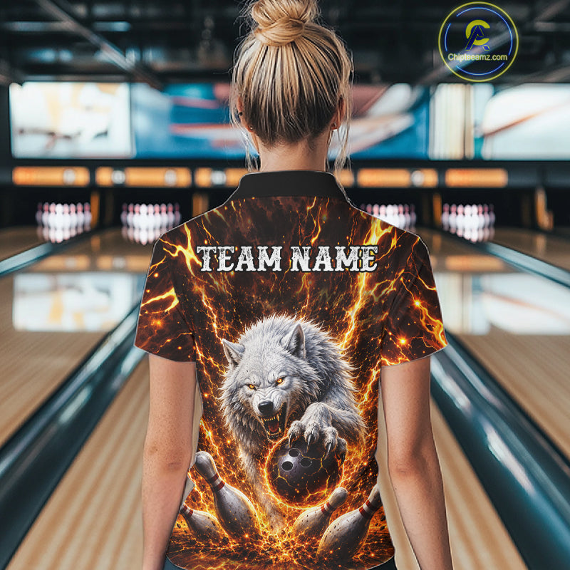 Gold Lightning Thunder Angry Wolf Bowling Polo 1/4 Zip Shirt For Women Custom Wolf Bowling Team Jersey NYN4133