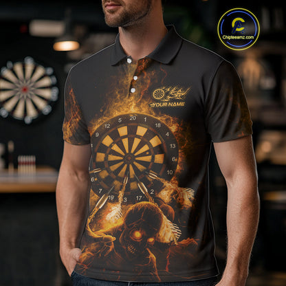 Custom Skeleton Yellow Flames Dartboard Dart Men Polo Jerseys Lightning Dart Team Shirt NYN1694