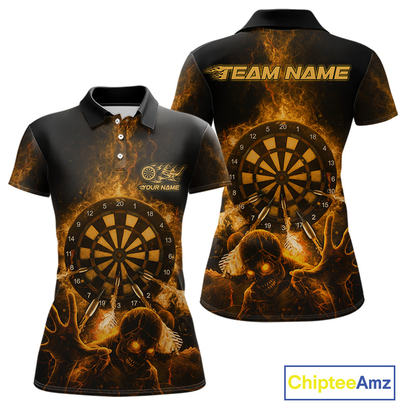 Custom Skeleton Yellow Flames Dartboard Dart Women Polo Jerseys Lightning Dart Team Shirt NYN1694
