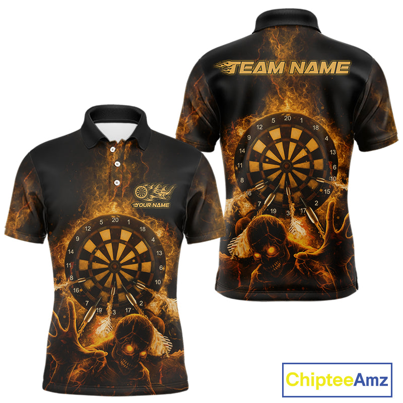 Custom Skeleton Yellow Flames Dartboard Dart Men Polo Jerseys Lightning Dart Team Shirt NYN1694