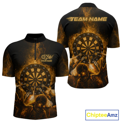 Custom Skeleton Yellow Flames Dartboard Dart Men 1/4-Zip Jerseys Lightning Dart Team Shirt NYN1694