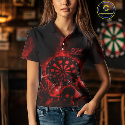 Custom Skeleton Red Flames Dartboard Dart Women Polo Jerseys Lightning Dart Team Shirt NYN1695