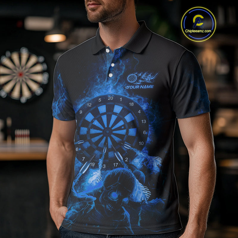 Custom Skeleton Blue Flames Dartboard Dart Men Polo Jerseys Lightning Dart Team Shirt NYN1696
