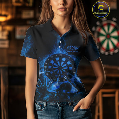 Custom Skeleton Blue Flames Dartboard Dart Women Polo Jerseys Lightning Dart Team Shirt NYN1696