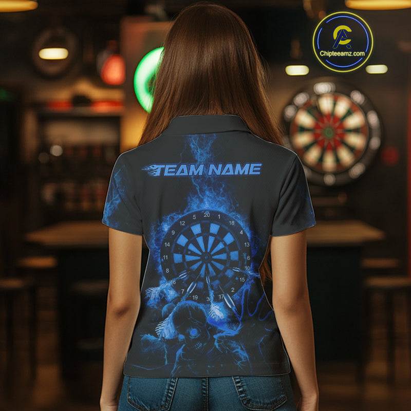 Custom Skeleton Blue Flames Dartboard Dart Women Polo Jerseys Lightning Dart Team Shirt NYN1696