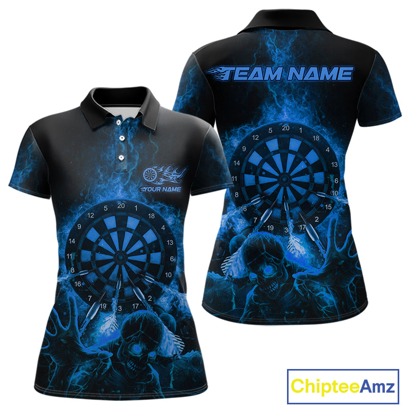 Custom Skeleton Blue Flames Dartboard Dart Women Polo Jerseys Lightning Dart Team Shirt NYN1696