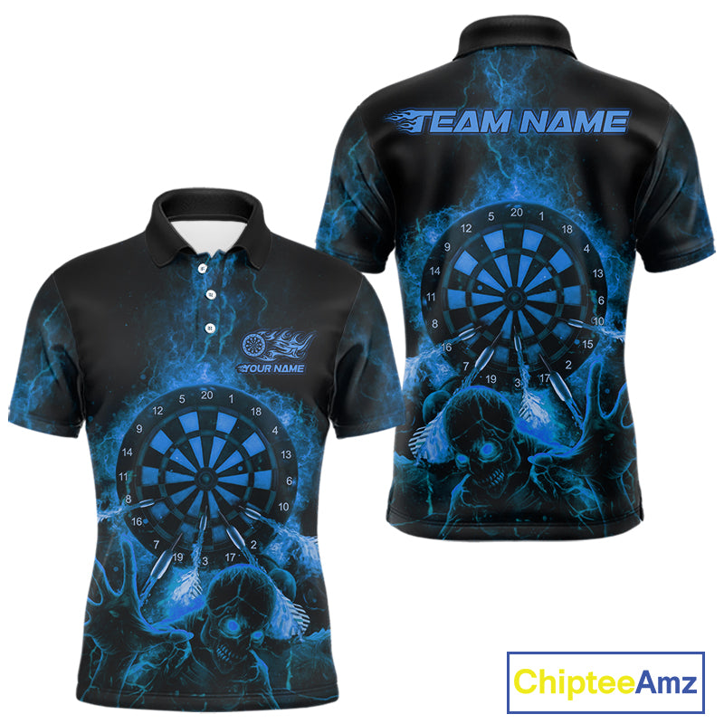 Custom Skeleton Blue Flames Dartboard Dart Men Polo Jerseys Lightning Dart Team Shirt NYN1696