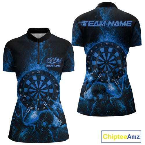 Custom Skeleton Blue Flames Dartboard Dart Women 1/4-Zip Jerseys Lightning Dart Team Shirt NYN1696