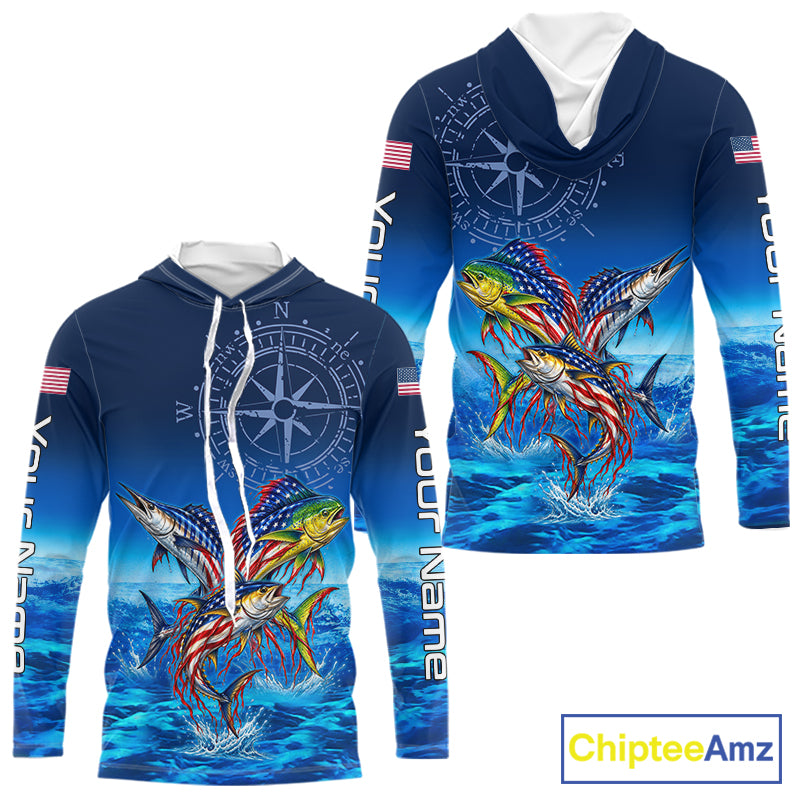 Personalized Mahi Mahi Wahoo Tuna Blue Performance Fishing Jersey Compass US Flag Fishing Tournament Shirt NYN4882