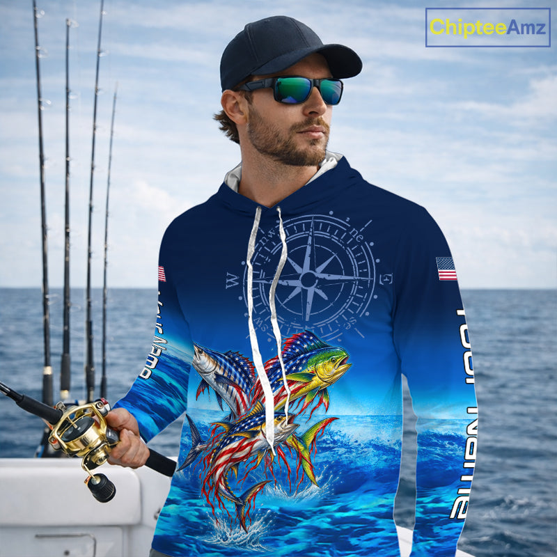 Personalized Mahi Mahi Wahoo Tuna Blue Performance Fishing Jersey Compass US Flag Fishing Tournament Shirt NYN4882