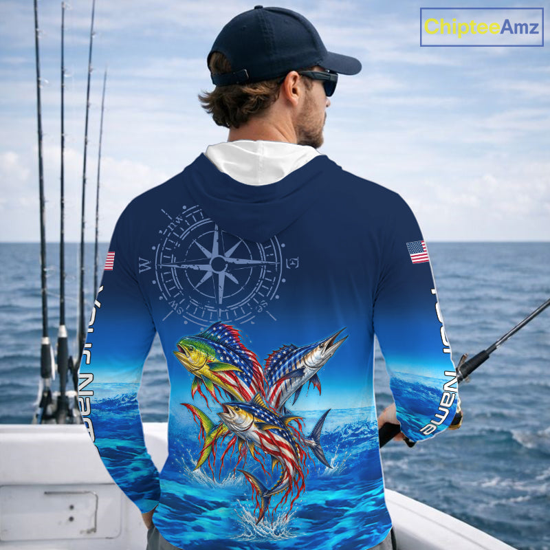 Personalized Mahi Mahi Wahoo Tuna Blue Performance Fishing Jersey Compass US Flag Fishing Tournament Shirt NYN4882