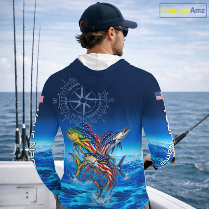 Personalized Mahi Mahi Wahoo Tuna Blue Performance Fishing Jersey Compass US Flag Fishing Tournament Shirt NYN4882
