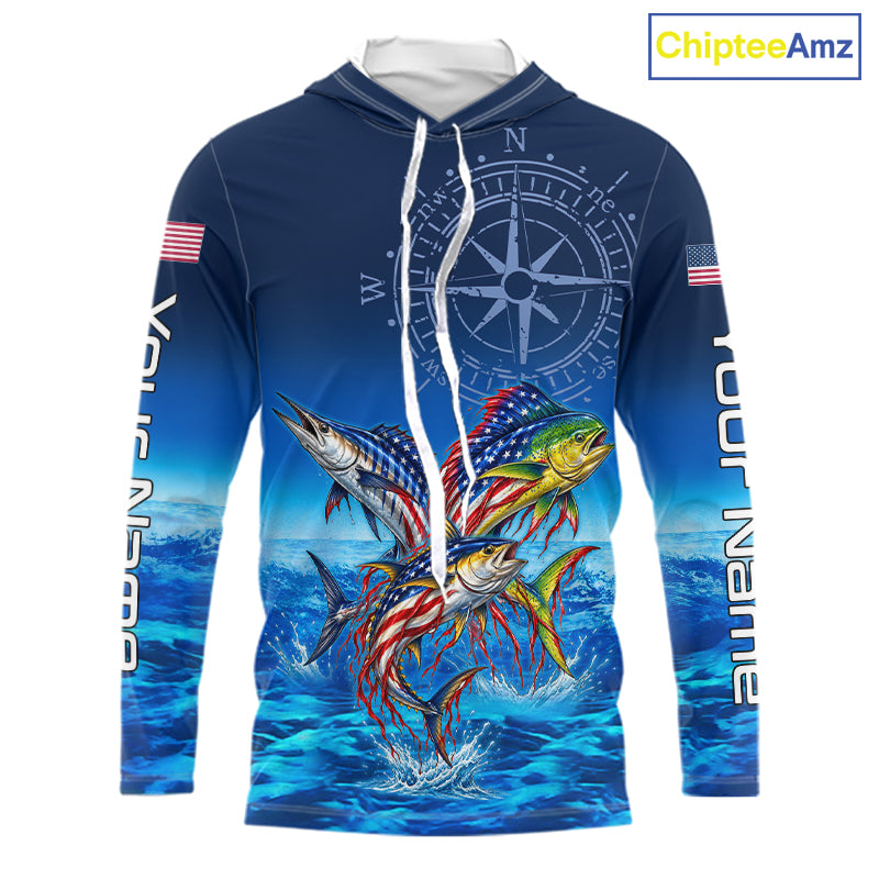 Personalized Mahi Mahi Wahoo Tuna Blue Performance Fishing Jersey Compass US Flag Fishing Tournament Shirt NYN4882