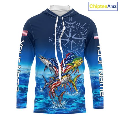 Personalized Mahi Mahi Wahoo Tuna Blue Performance Fishing Jersey Compass US Flag Fishing Tournament Shirt NYN4882