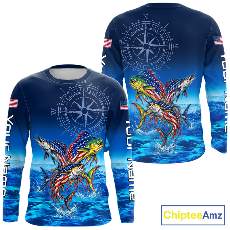 Personalized Mahi Mahi Wahoo Tuna Blue Performance Fishing Jersey Compass US Flag Fishing Tournament Shirt NYN4882