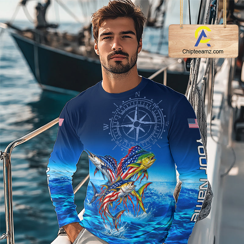 Personalized Mahi Mahi Wahoo Tuna Blue Performance Fishing Jersey Compass US Flag Fishing Tournament Shirt NYN4882
