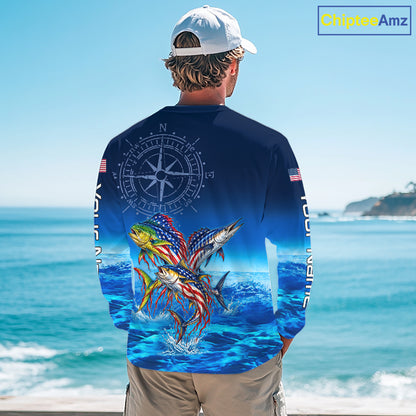 Personalized Mahi Mahi Wahoo Tuna Blue Performance Fishing Jersey Compass US Flag Fishing Tournament Shirt NYN4882