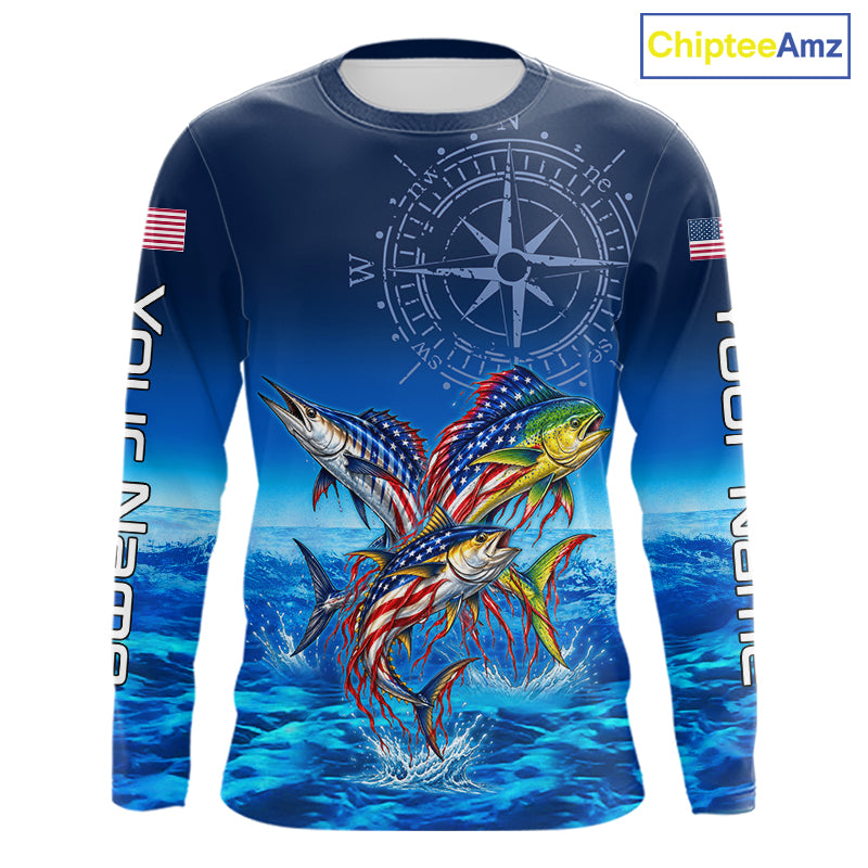 Personalized Mahi Mahi Wahoo Tuna Blue Performance Fishing Jersey Compass US Flag Fishing Tournament Shirt NYN4882