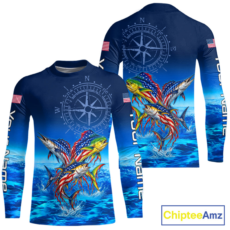 Personalized Mahi Mahi Wahoo Tuna Blue Performance Fishing Jersey Compass US Flag Fishing Tournament Shirt NYN4882