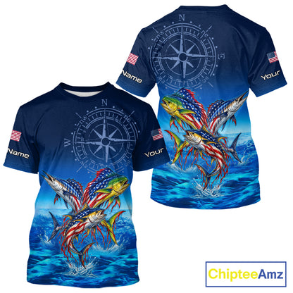 Personalized Mahi Mahi Wahoo Tuna Blue Performance Fishing Jersey Compass US Flag Fishing Tournament Shirt NYN4882