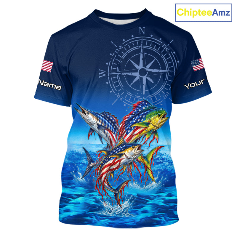 Personalized Mahi Mahi Wahoo Tuna Blue Performance Fishing Jersey Compass US Flag Fishing Tournament Shirt NYN4882