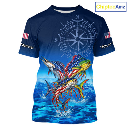 Personalized Mahi Mahi Wahoo Tuna Blue Performance Fishing Jersey Compass US Flag Fishing Tournament Shirt NYN4882
