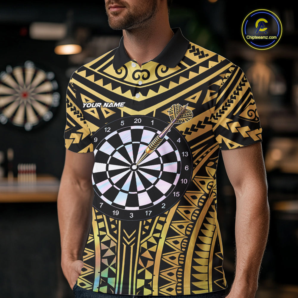 Gold Tribal Holographic Dartboard & Arrow Men Darts Polo Shirt Personalized Dart Team Jerseys NYN2515