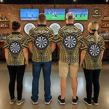 Load image into Gallery viewer, Gold Tribal Holographic Dartboard &amp; Arrow Women Darts Polo Shirt Personalized Dart Team Jerseys NYN2515