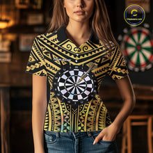 Load image into Gallery viewer, Gold Tribal Holographic Dartboard &amp; Arrow Women Darts Polo Shirt Personalized Dart Team Jerseys NYN2515