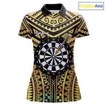Load image into Gallery viewer, Gold Tribal Holographic Dartboard &amp; Arrow Women Darts Polo Shirt Personalized Dart Team Jerseys NYN2515