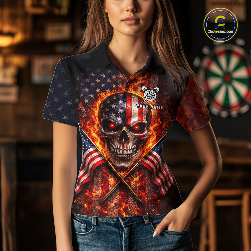 Personalized Womens Dart Polo & Quarter Zip Shirt Fire Flame US Flag Darts Jersey Skull Dart Attire NYN2866