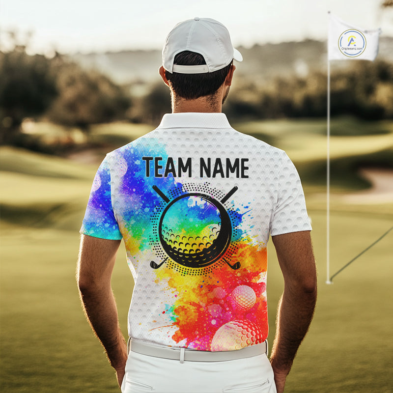 Mens White Pattern Golf Polo Shirt Custom Name Colorful Watercolor Golf Clothes, Golf Gifts NYN2873