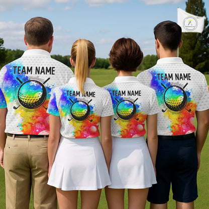 Mens White Pattern Golf Polo Shirt Custom Name Colorful Watercolor Golf Clothes, Golf Gifts NYN2873