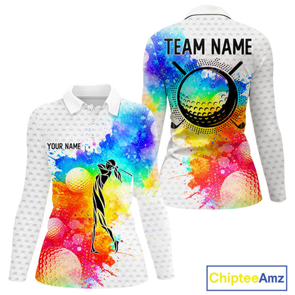 Women White Pattern Golf Polo Shirt Custom Name Colorful Watercolor Golf Clothes, Golf Gifts NYN2873