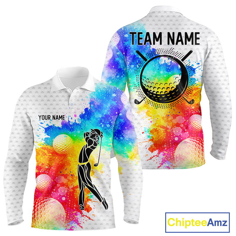 Mens White Pattern Golf Polo Shirt Custom Name Colorful Watercolor Golf Clothes, Golf Gifts NYN2873