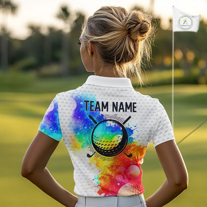 Women White Pattern Golf Polo Shirt Custom Name Colorful Watercolor Golf Clothes, Golf Gifts NYN2873