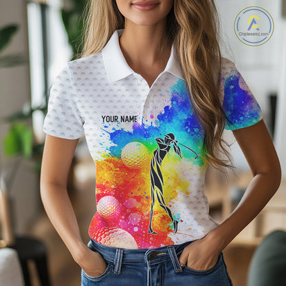 Women White Pattern Golf Polo Shirt Custom Name Colorful Watercolor Golf Clothes, Golf Gifts NYN2873