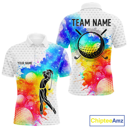 Mens White Pattern Golf Polo Shirt Custom Name Colorful Watercolor Golf Clothes, Golf Gifts NYN2873