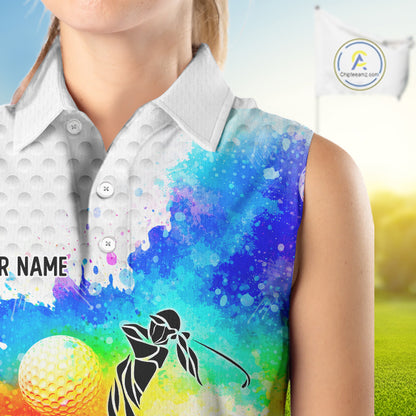 Women White Pattern Golf Sleeveless Polo Shirt Custom Name Colorful Watercolor Golf Clothes, Golf Gifts NYN2873