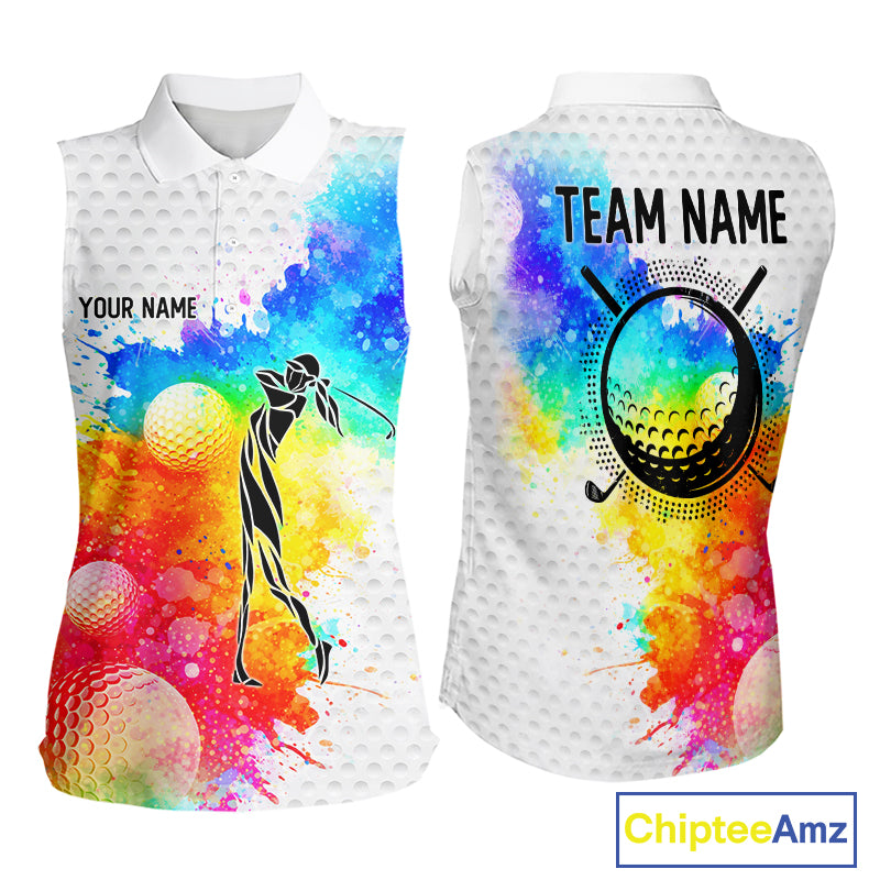 Women White Pattern Golf Sleeveless Polo Shirt Custom Name Colorful Watercolor Golf Clothes, Golf Gifts NYN2873